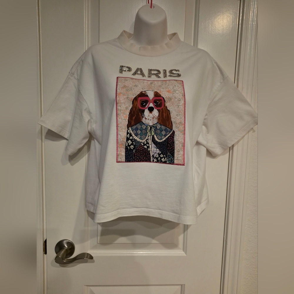 Maje Silkscreen Printed Jeweled T - Shirt Size 1/S.